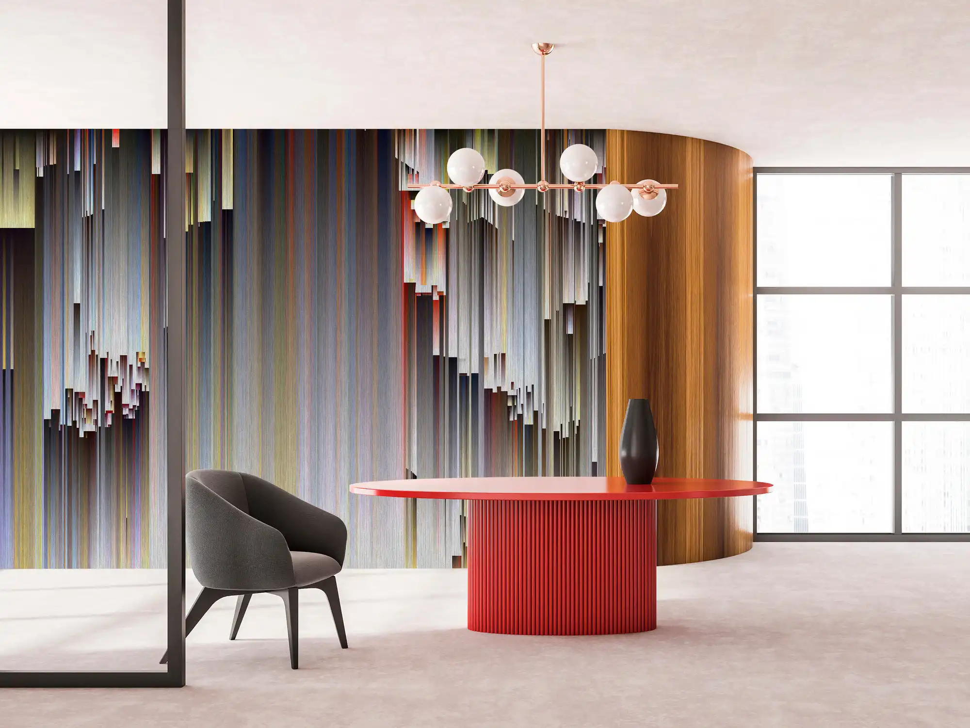 Design Tapeten von MATEX Raum mit farbig gestreifter Tapete, rotem Rundtisch und dunklem Sessel als Beispiel moderner Wandgestaltung
