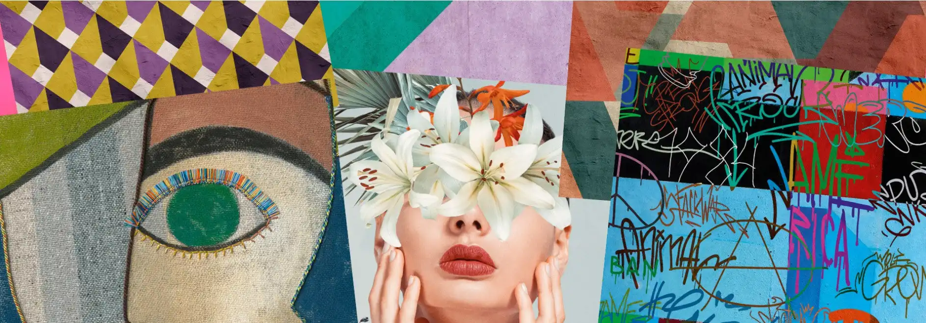 Wandtapeten von MATEX Collage bunter Tapetenmotive mit Gesichtern, Blüten und Grafikmustern als Inspiration für die Wandgestaltung